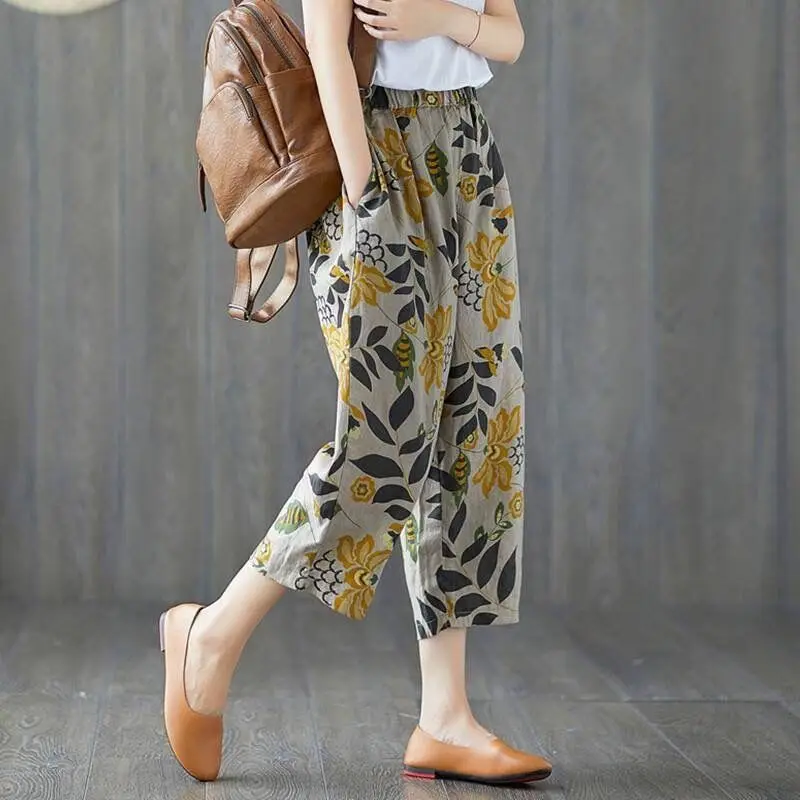 Thin Style Breathable Summer Women Literature Vintage Fashion Loose Pure Cotton Printing Large Size Casual Office Lady Trousers