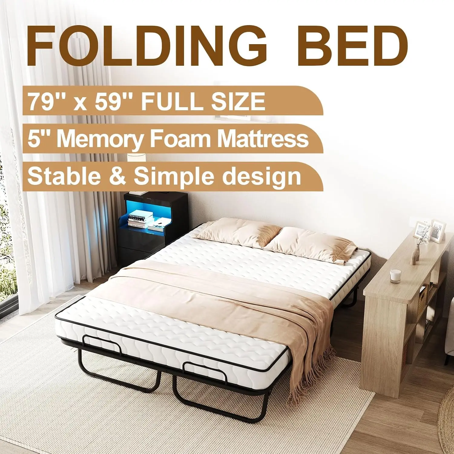 Full Size Folding Bed with 5 Inch Memory Foam Mattress, 79