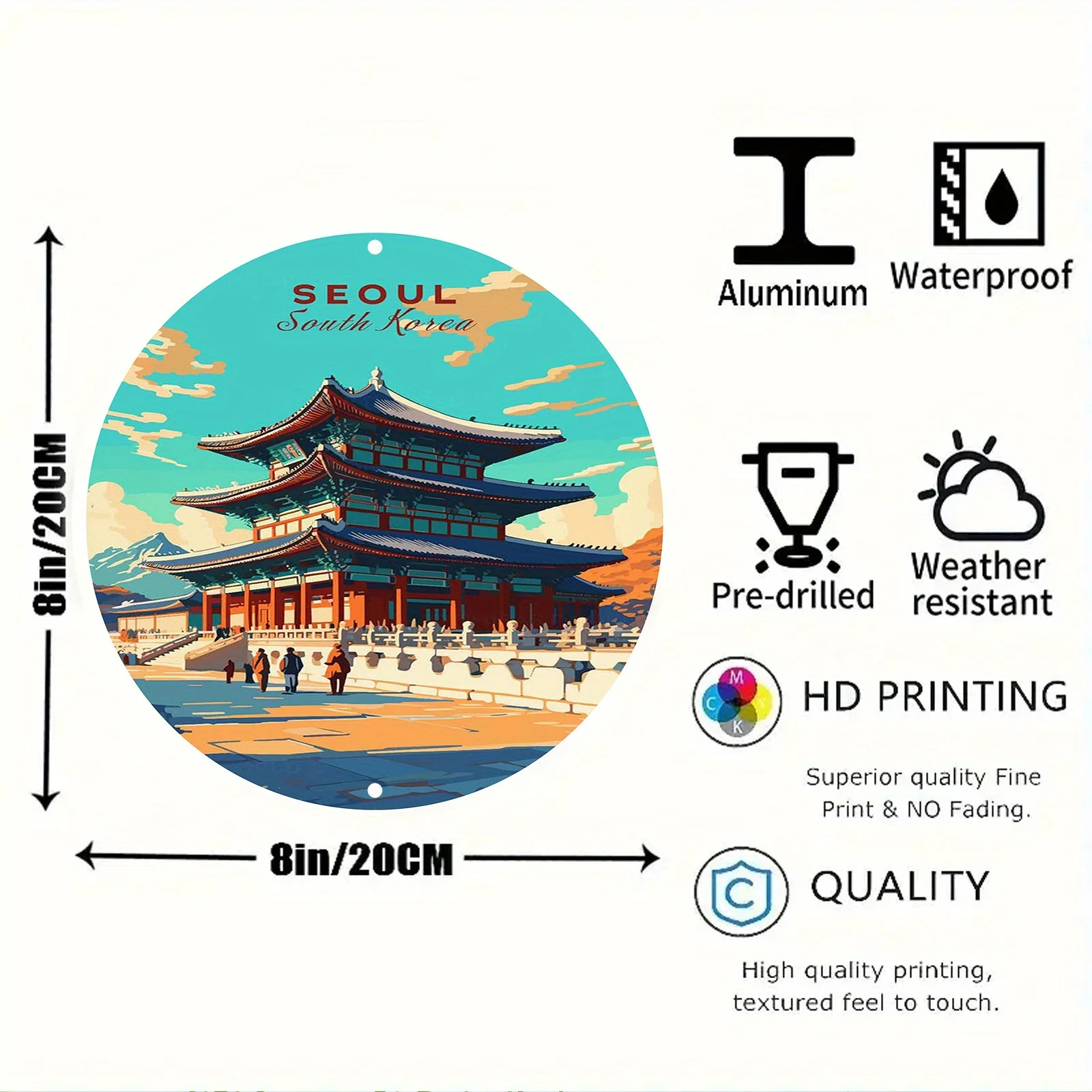 Seoul South Korea Vintage Carved Aluminum Sign - 1pc 2D Round Printed Metal Wall Decor, Pre-drilled, HD Printing, Weather & Scra