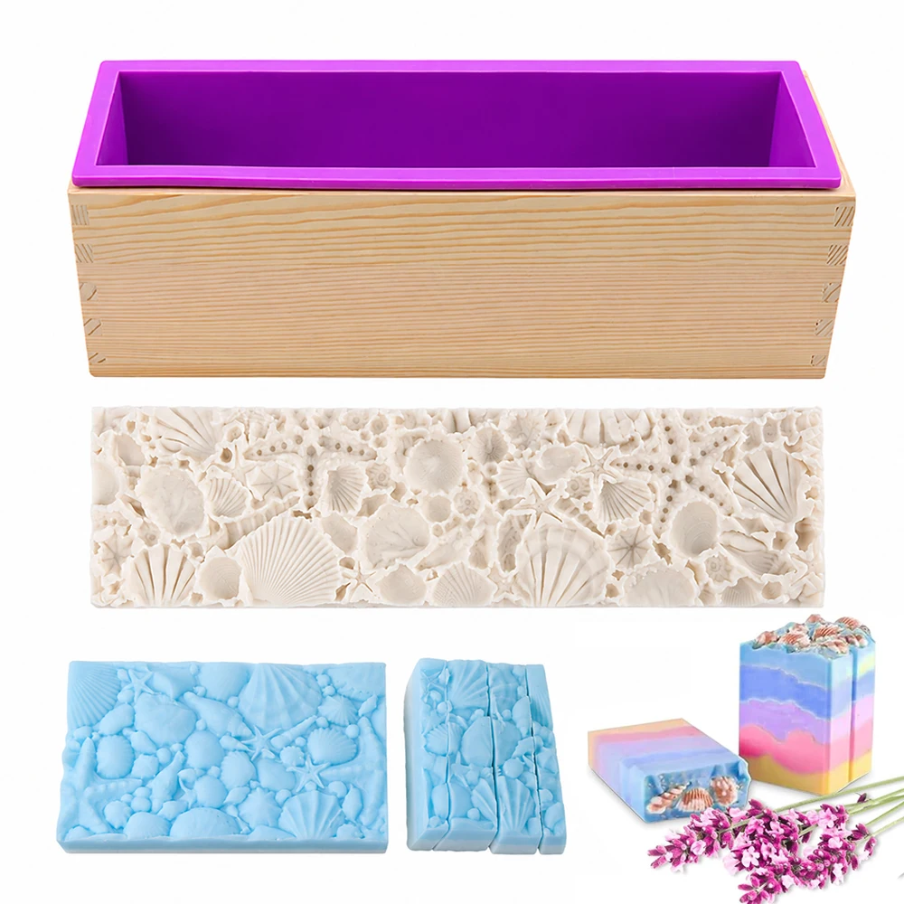 Soap Making Process - แม่พิมพ์สบู่ซิลิโคนลายเปลือกหอยทะเลพร้อมกล่องไม้ แม่พิมพ์สบู่ขนาด 42 ออนซ์ และแผ่นรองลายสำหรับทำสบู่แฮนด์เมดแบบโคลด์โพรเซส