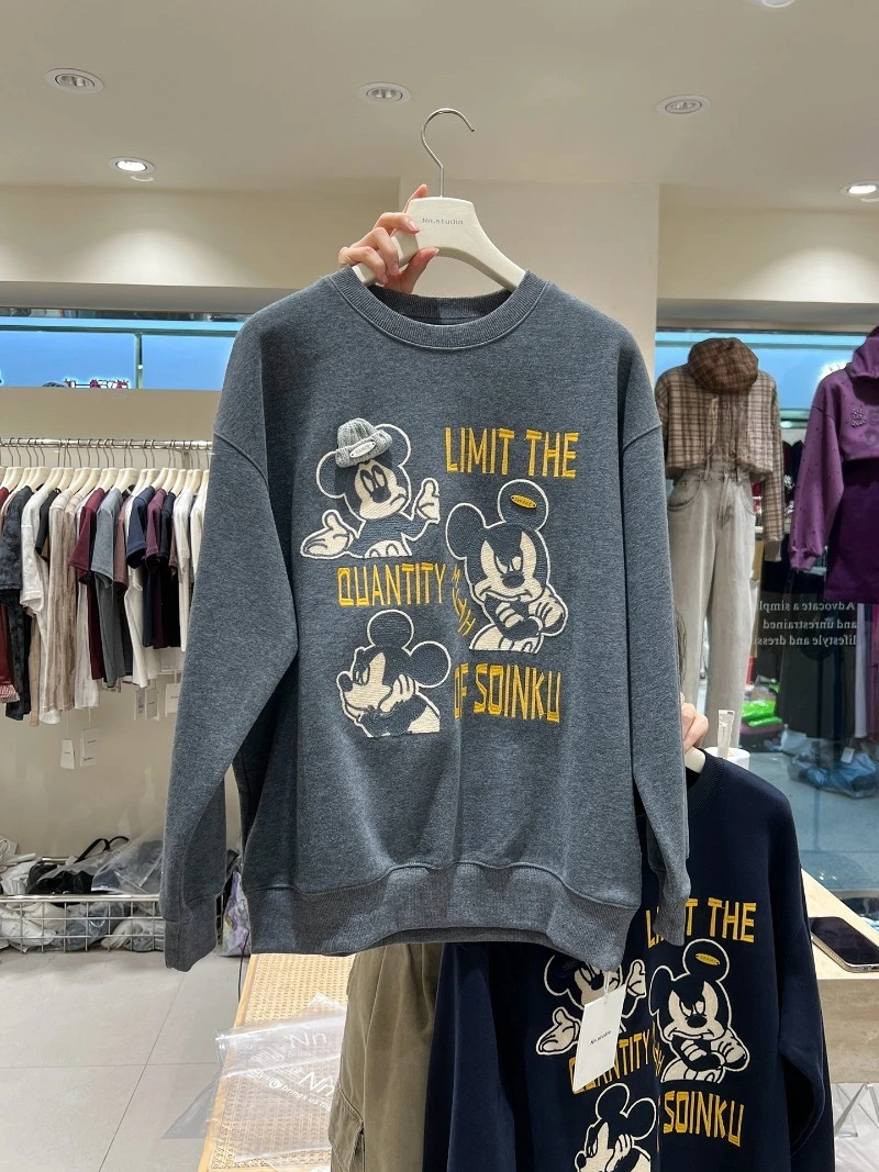 Loose Oversized Sweatshirt For Women's 2025 Autumn Winter Cartoon Embroidery Stylish Youthful Round Neck Pullover Hoodies Ladies