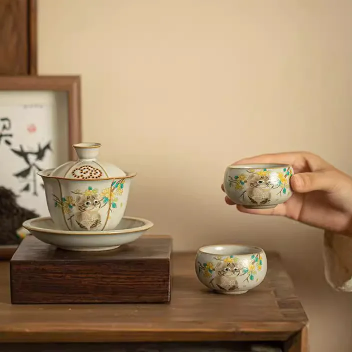 Ru Ware Cat Sancai Gaiwan Tea Cup One Pot Two Cups Porcelain Opening Film Large Kung Fu Set High-End Brewing Bowl