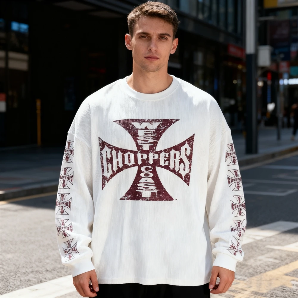 

KUCLUT 1:1 Fashion Waffle Fabric Printed Tee American Style Streetwear Oversize Long Sleeves Tee Vintage Loose T Shirt Men