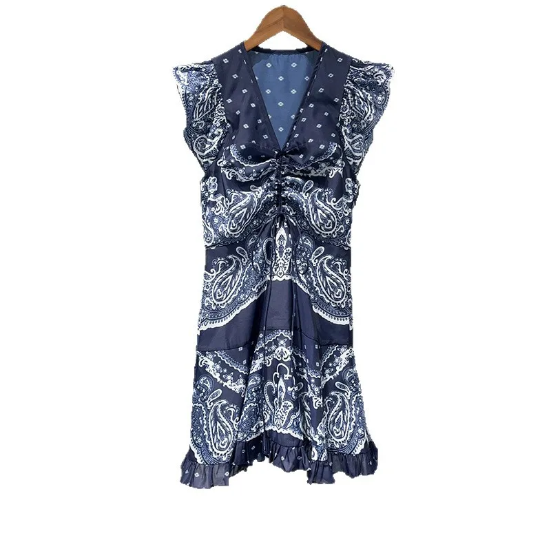 

V-neck Dress with Flower Pleated Waist Light Mint Leaf Edge 2025 Summer Fashion Item New Dresses for Women 2025 Luxury Designer