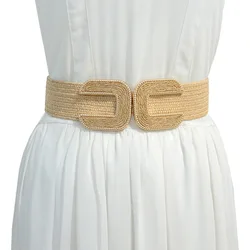 Women's Woven PP Straw Elastic Belt U-shaped Decorative Buckle Fashion Beige Waist Seal Designer's New Women's Belt