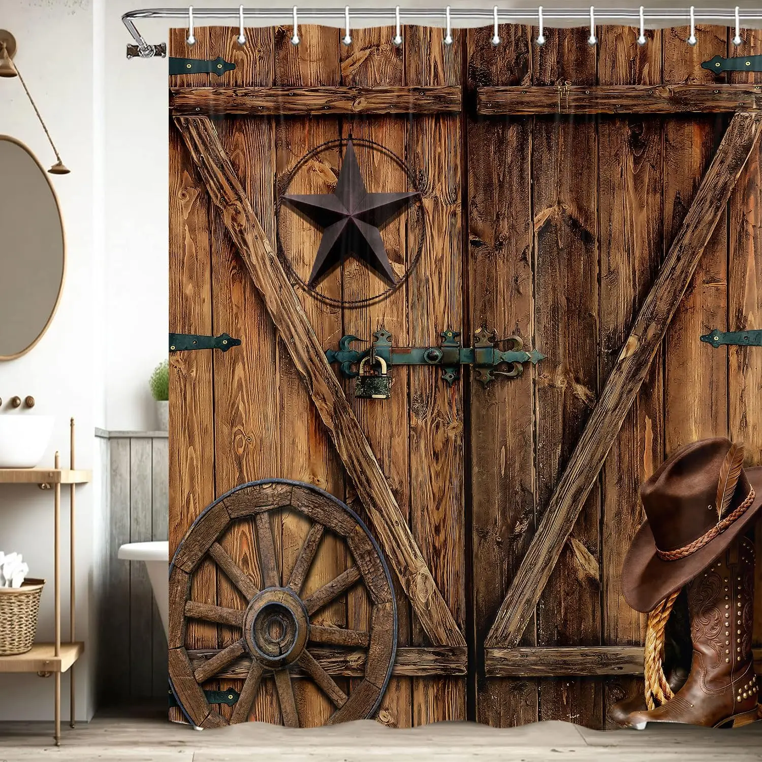 Rustic Barn Door Style Shower Curtain Wood Panel Bathroom Decor Industrial Farmhouse Cabin Shower Curtain Liner