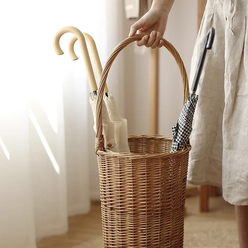 Cesta De Armazenamento De Guarda-chuva De Rattan Com Alça Cesta De Tecelagem De Vime Organizador De Diversos, Estilo Japonês, Decoração De Casa Criativa