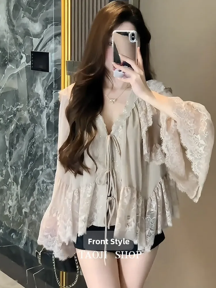 

Elegant Lace V-neck Chiffon Shirt Women's Style Spring Summer New High-End Slimming Bell Sleeve Top Korean Version Loose Fit