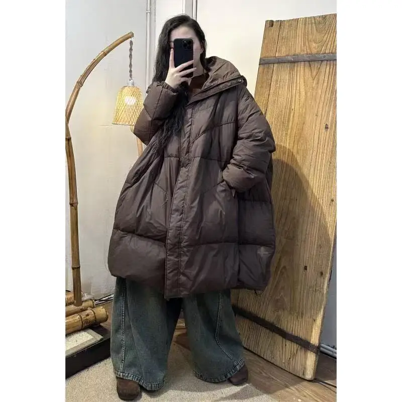 سترة باركر بقلنسوة عصرية للنساء فضفاضة كبيرة الحجم وجيوب دافئة وسميكة معطف منتفخ للسيدات ملابس خارجية طويلة من الريش #2