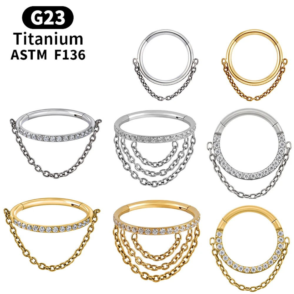 16G G23 Titanium Nose Ring Chain Piercing Body Jewelry Zircon Hoop Earring Hinge Clicker Open Diaphragm Nose Ring