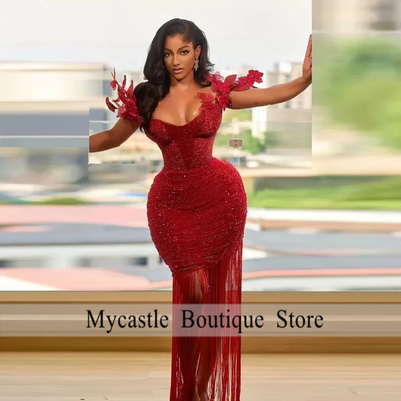 Sparkly Red Prom Dress Aso Ebi Sequined Evening Gowns Long Tassels Women Formal Occasion Party Gown Floor Length Wear Customized
