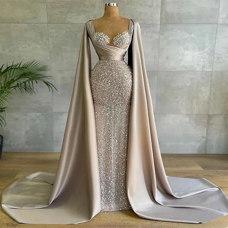 

Sequined Evening Dresses Cape Ruched Arabic Glitter Lace Appliques Sweetheart Prom Gown Formal Party Red Carpet Dressفساتين سهرة