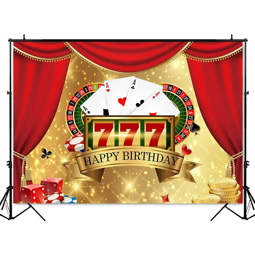 Happy Birthday Casino Party Backdrop Gold Glitter Party Decoration Las Vegas tło urodzinowe do studia fotograficznego czerwona kurtyna