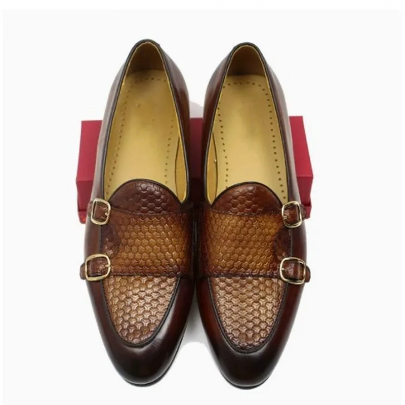 Brown Black Double Buckle Loafers Genuine Leather Fashion Mens Driving Boats Shoes Men Flats
