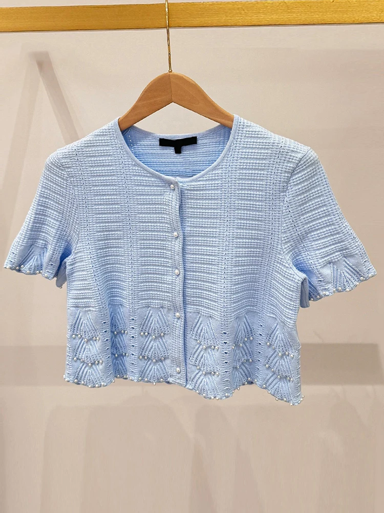 

M Home Nan You High End Women's Summer Gentle Wind Bead Embellied Hollow Knitted Top T irt Casual Loose Fit Pure Color