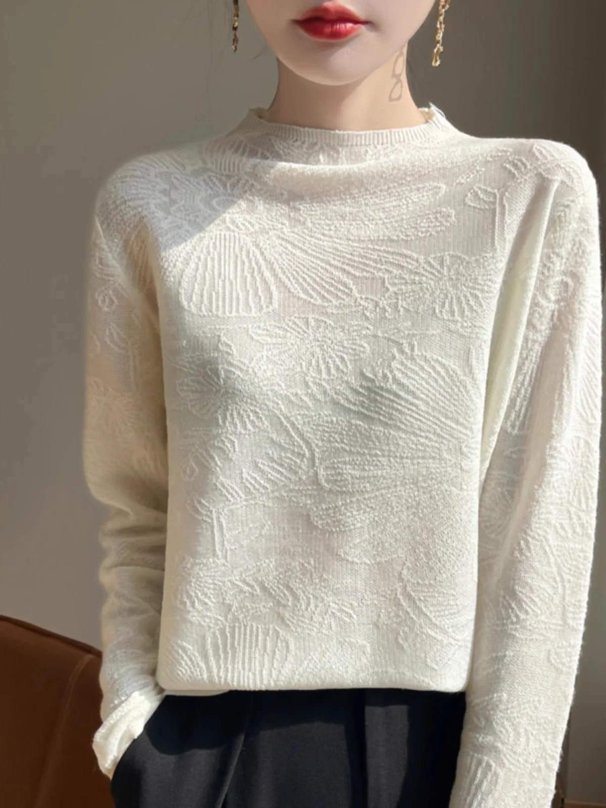 Jesienno-zimowy sweter damski z dzianiny, z wysokim kołnierzem, z efektem 3D, casualowy, uniwersalny, ciepły, długi, prosty krój.