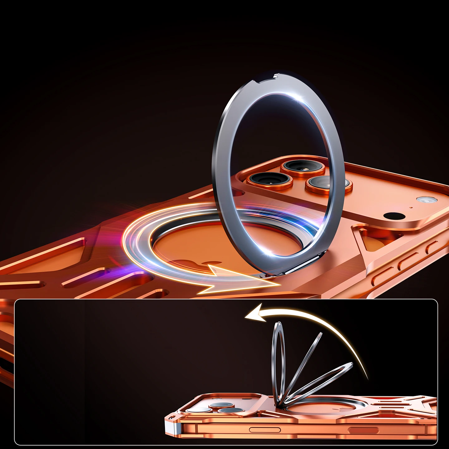 Całkowicie aluminiowa obudowa ze stopu aluminium do iPhone'a 17 Pro 16 15 14 13 Pro Max, metalowa, odporna na wstrząsy, z pierścieniem obrotowym i magnetycznym uchwytem. — zdjęcie produktu 6