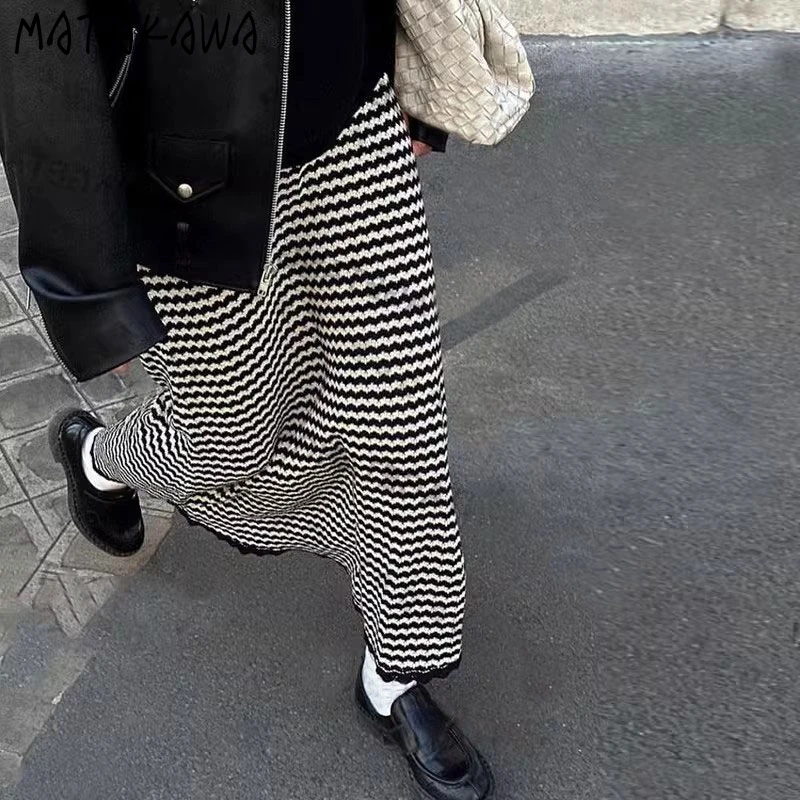 Matakawa Y2k Stripes Women Skirts Knitted Autumn Winter Elegant A-line Faldas Mujer Korean Fashion Retro Streetwear Long Skirt