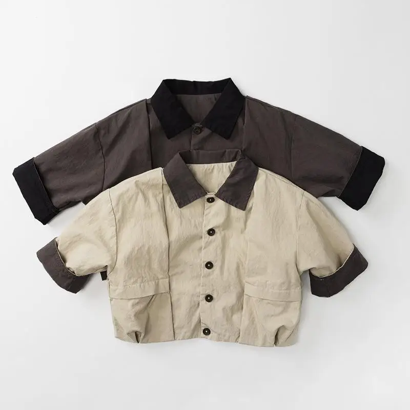 

Весенняя новинка 2026: Детская повседневная куртка с длинным рукавом, однотонная, винтажная, для мальчиков и девочек, свободный крой, модная детская одежда