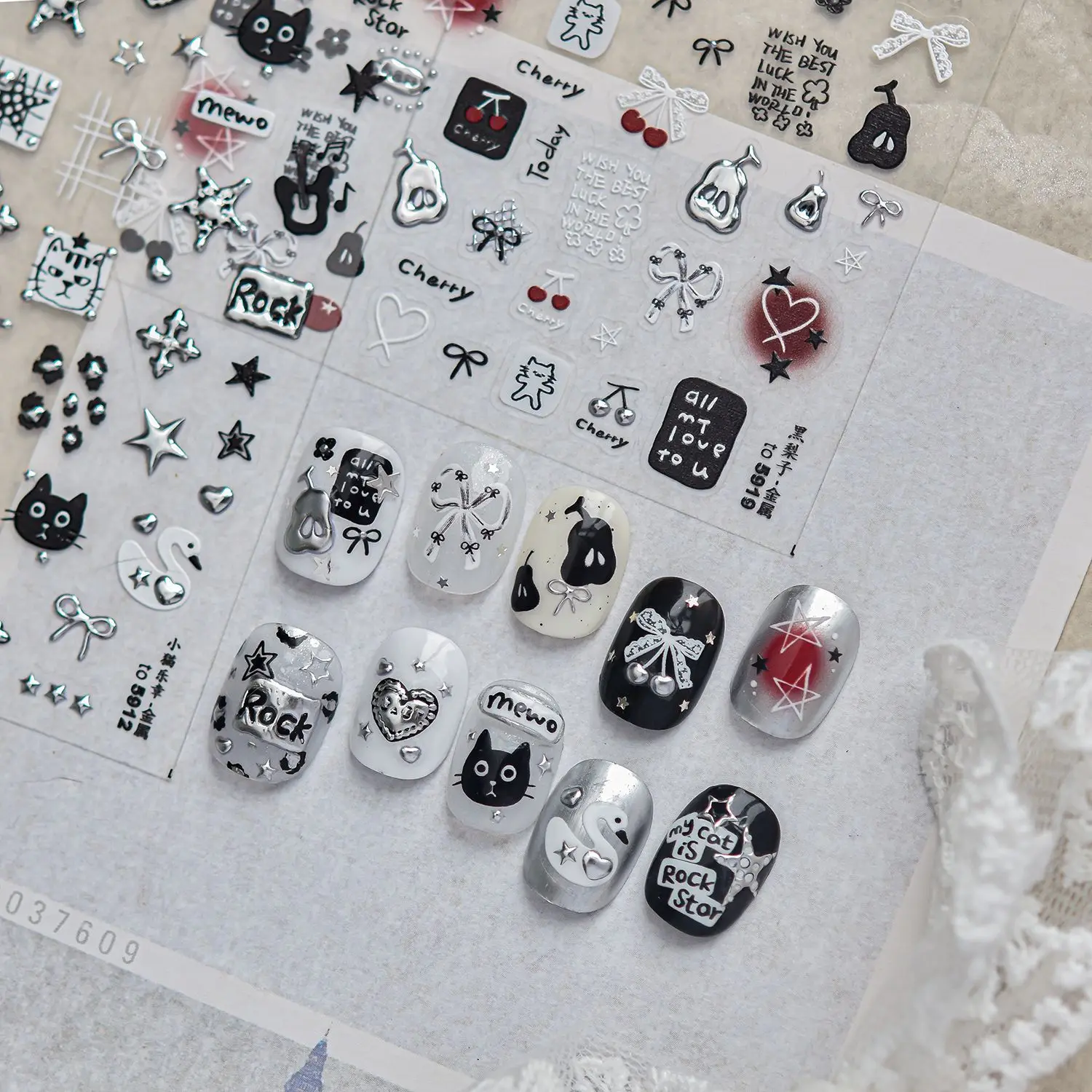 Metal Pear Nail Stickers Black White Cat Bowknot Cherry Nail Decoration Red Heart Star Rock Letter Music Note Nail Stickers DIY