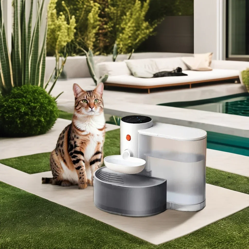 Automatic charging pet water dispenser with filter to dump running water and feed