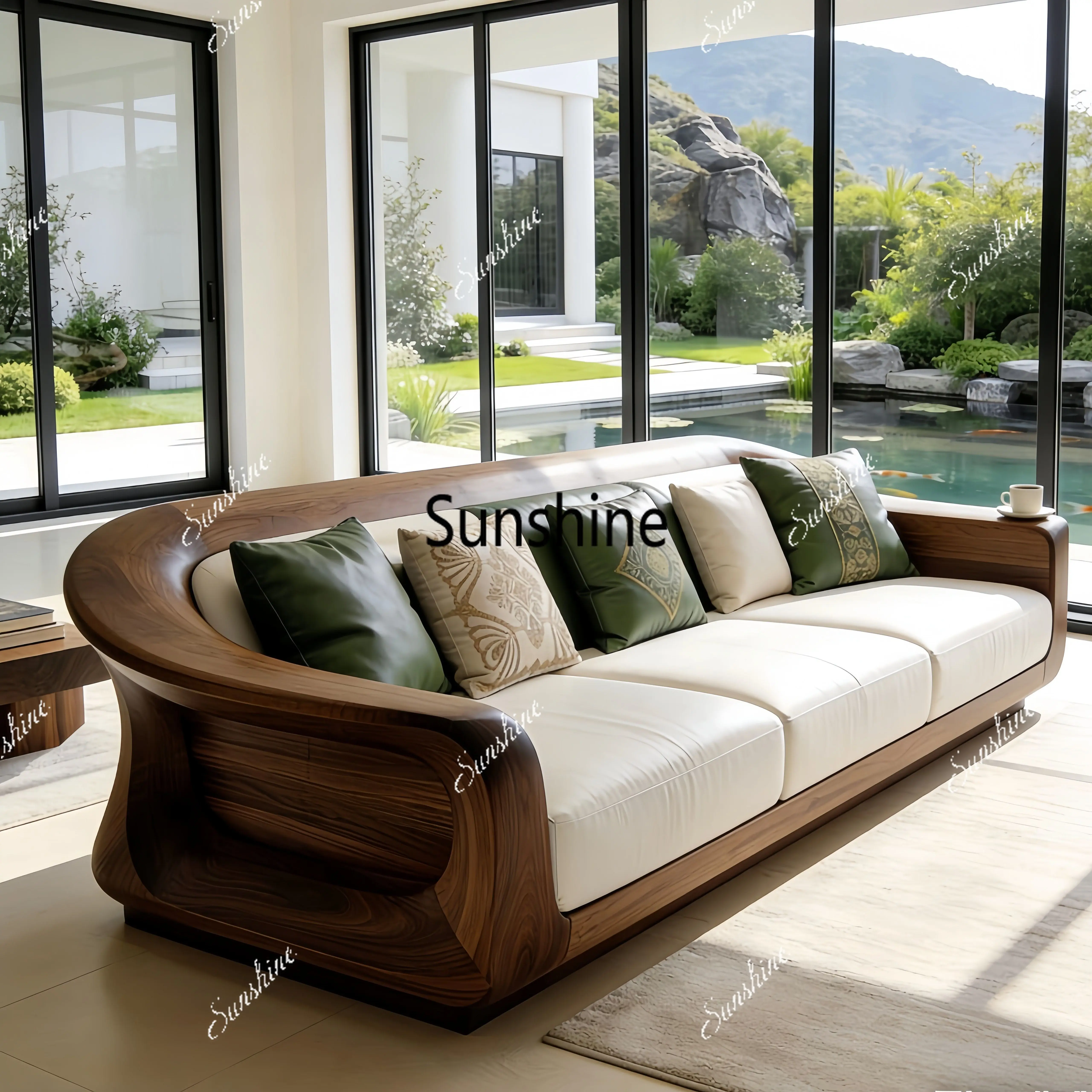 

Large and small apartment home office reception three people straight row solid wood living room sofa