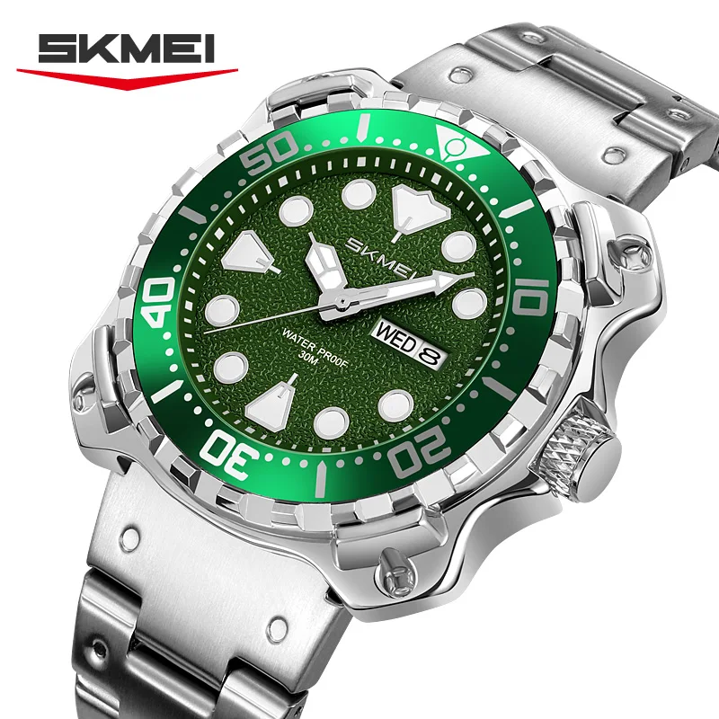 

SKMEI 9385, золотые часы с функцией даты и недели, стильные спортивные наручные часы для мужчин, ремешок из нержавеющей стали, кварцевые часы с зеленым циферблатом, мужские часы