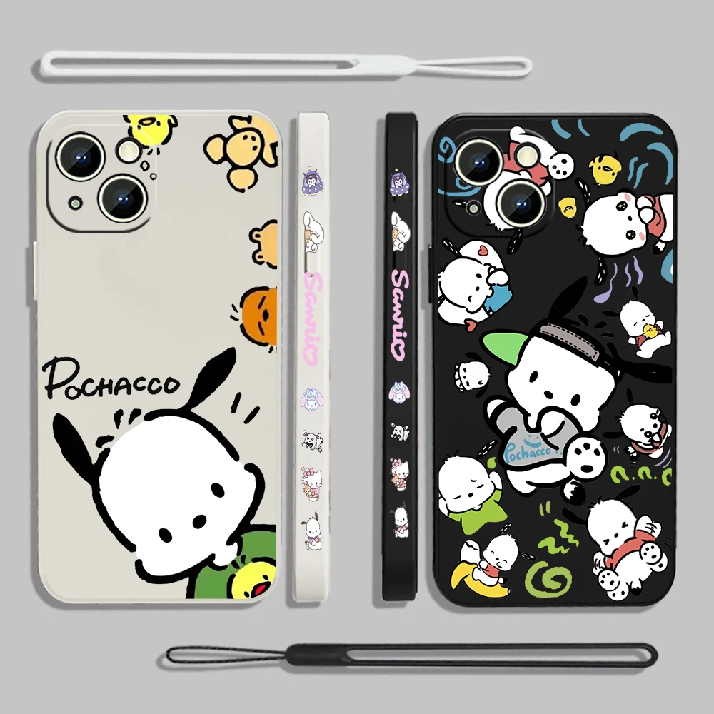 Pacha Dog Sanrio Cartoon Liquid Left Rope For Apple iPhone 15 14 13 12 11 XS XR X 8 7 SE Pro Max Plus Mini Funda Phone Case