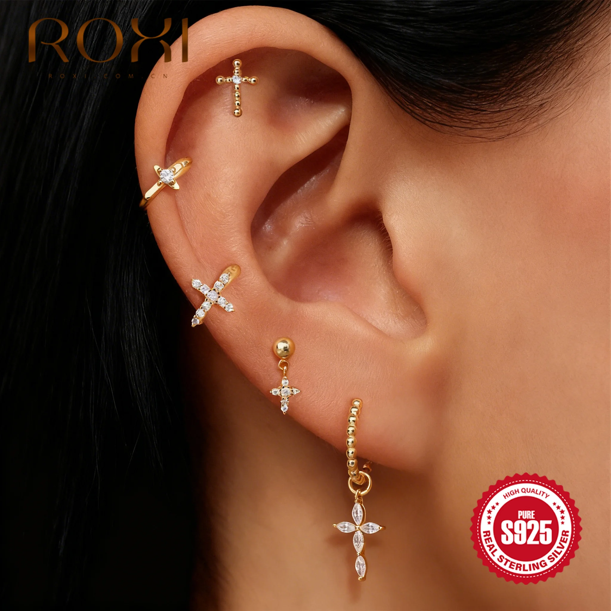 

ROXI 925 Sterling Silver Round Beads Cross Pendant Piercing Earrings For Women INS Dainty Cute Earrings Party Birthday Gift