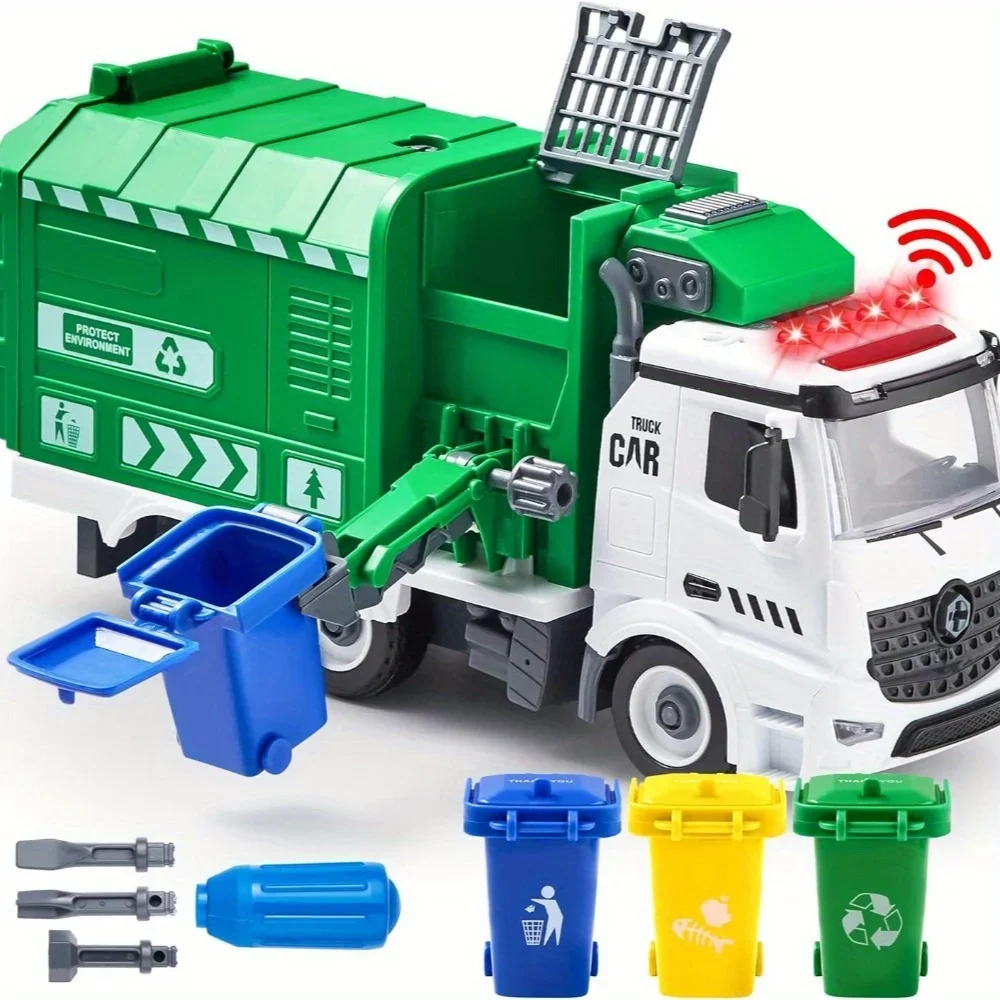 JOYFY Camion della Spazzatura Giocattolo Fai-da-te da Assemblare, Camion della Spazzatura con Ribaltamento Laterale a Frizione, Luci e Suoni, Regalo di Compleanno e Natale per Bambini