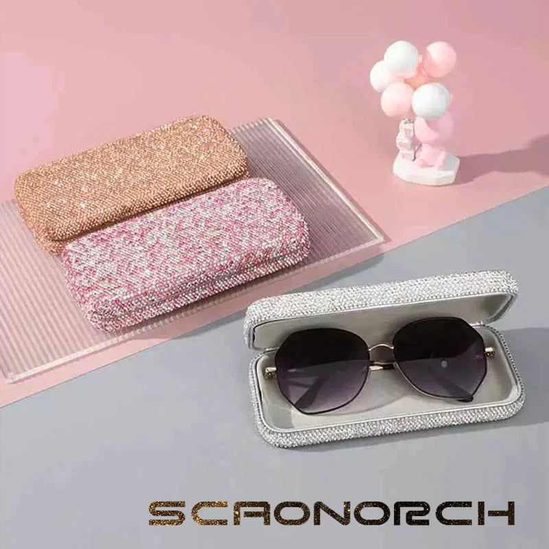 Sparkling Rhinestone Glasses Case Hard Case Protective Glasses Case Portable Sunglasses Storage Box Car Accessory Desk Organizer