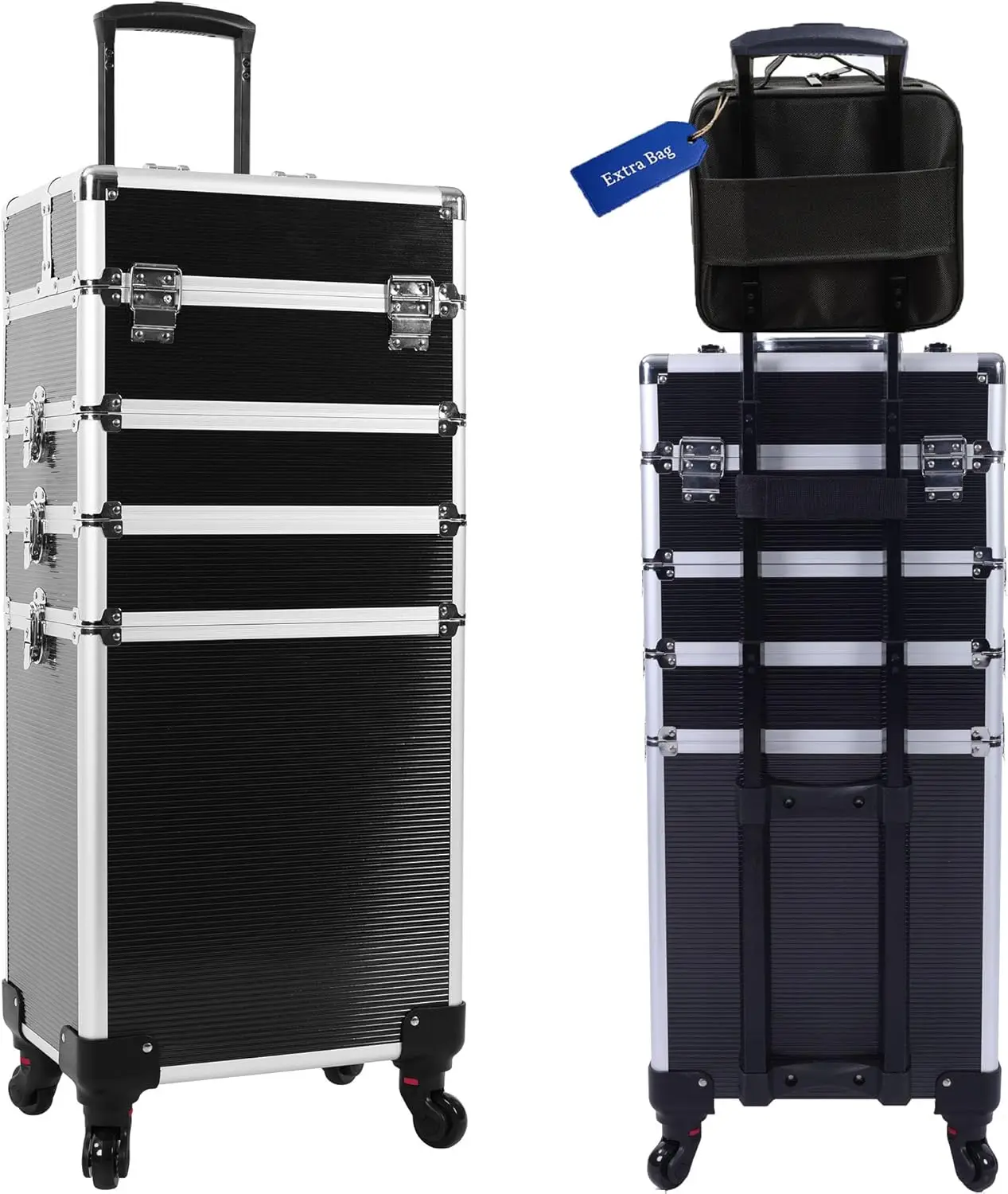 

5-in-1 Rolling Makeup Train Case, Large Pro Cosmetic Trolley with 360° Swivel Wheels & Lockable Organizer, Black Aluminum Travel