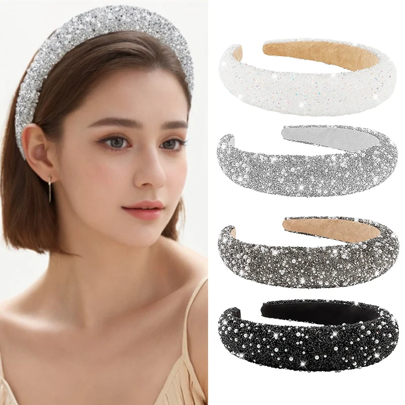 Glamorous Beaded Hairband Bling Crystal Pearl Baroque Headband Wide Cross Headband Sparkly Gorgeous Women Hair Accessories