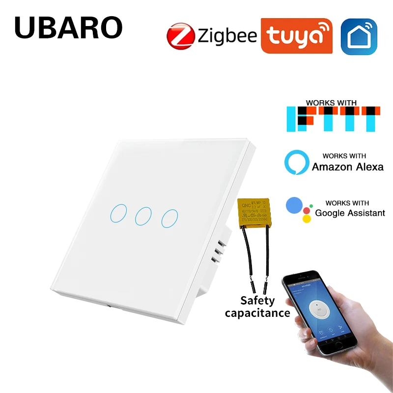 

UBARO Tuya App Control 3Gang Умный дом WIFI Настенный выключатель света Белый Роскошный стеклянный датчик панели Совместное использование времени Голос Alexa Alice