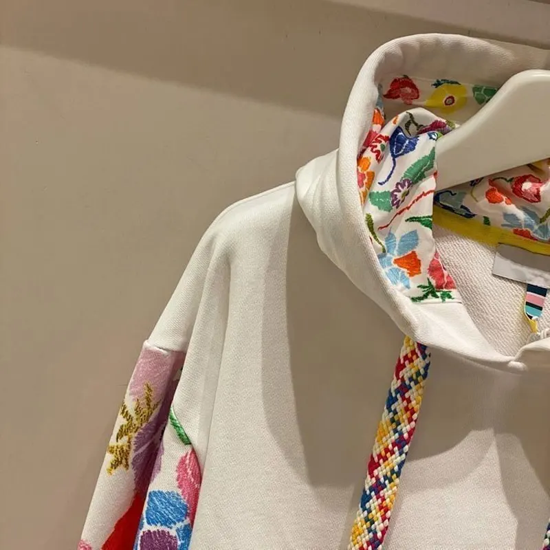 Sudadera de retazos con estampado de flores para mujer, ropa de calle con capucha de Color, jerséis con bolsillo de moda con cordón, primavera y