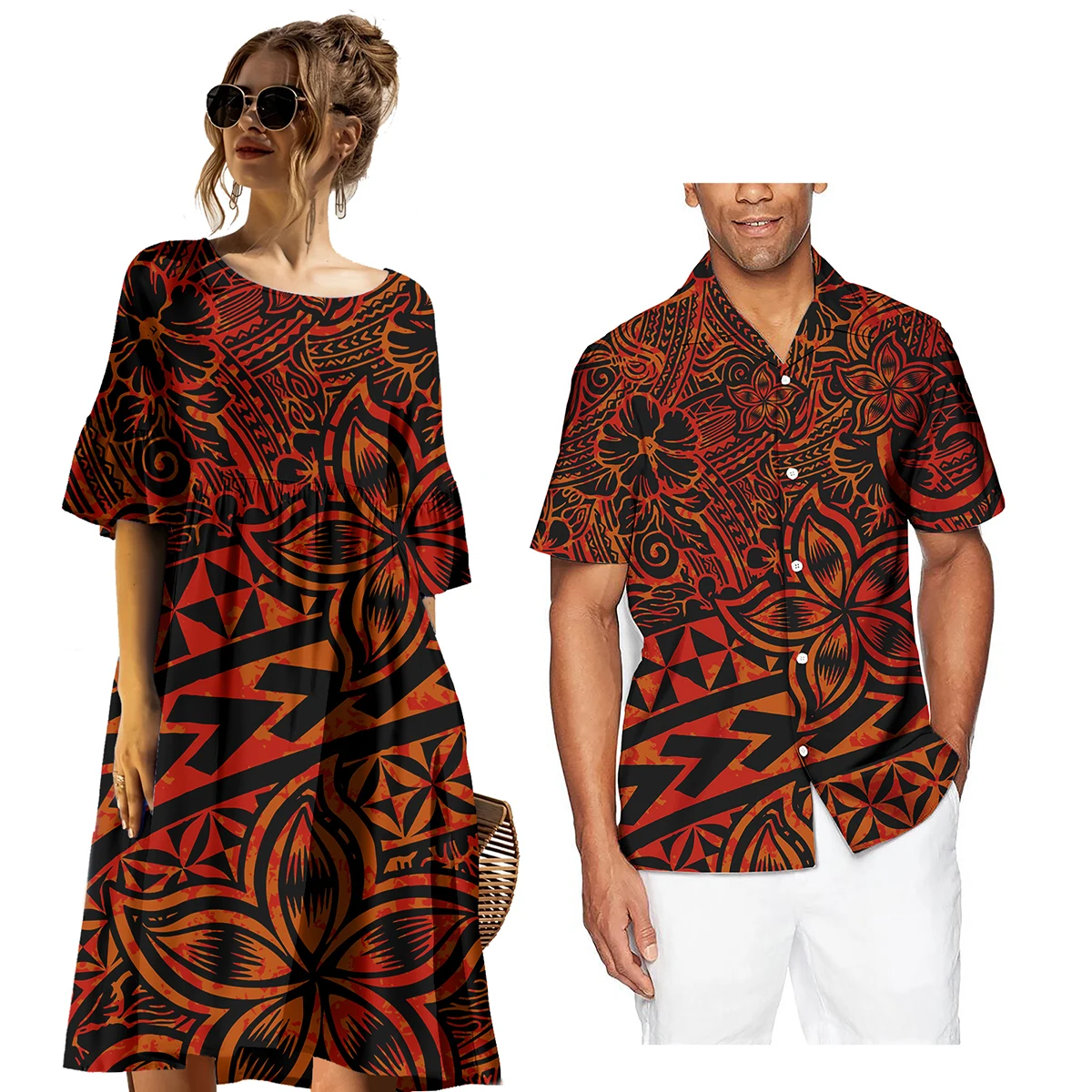 Big Size Women's Dress Customization Polynesian Samoan tribe Girl Short Sleeve Dress Match Hawaiian Shirt Men Couple Sets