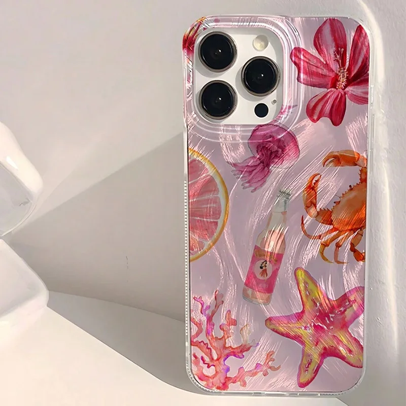

Cute Pink Starfish Coral Jellyfish Phone Case For iPhone 16 14 Pro Max 13 12 11 Pro Max 15 Plus XS XR X 7 8 Plus Hard Back Cover