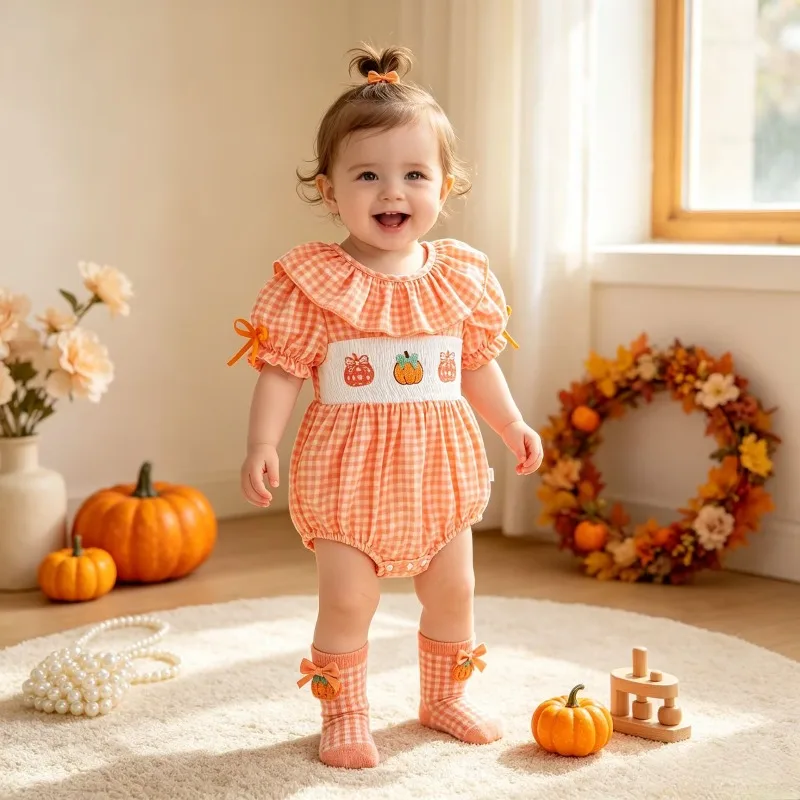 Infant Baby Girl Fall Pumpkin Romper Orange Gingham Ruffle Sleeve Bodysuit With Smocked Embroidered Design And Socks 0 24M