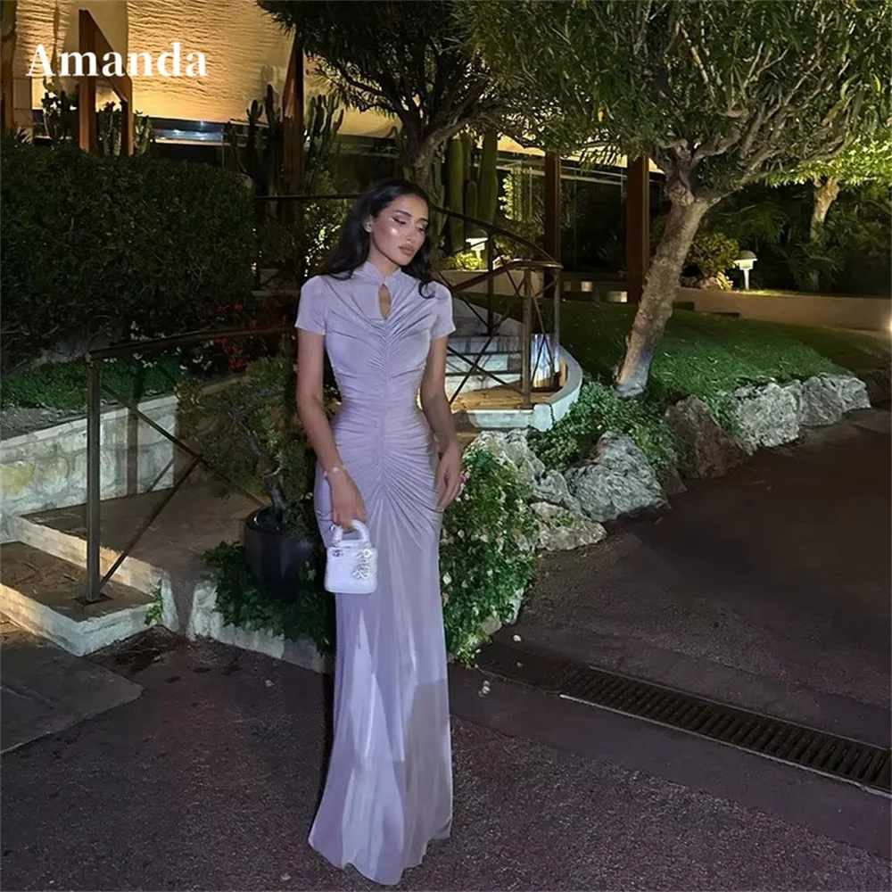 Amanda Custom Lavender High Neck Keyhole Short Sleeve Ruched Mermaid Long Prom Dress Elegant Formal Evening Homecoming Gown