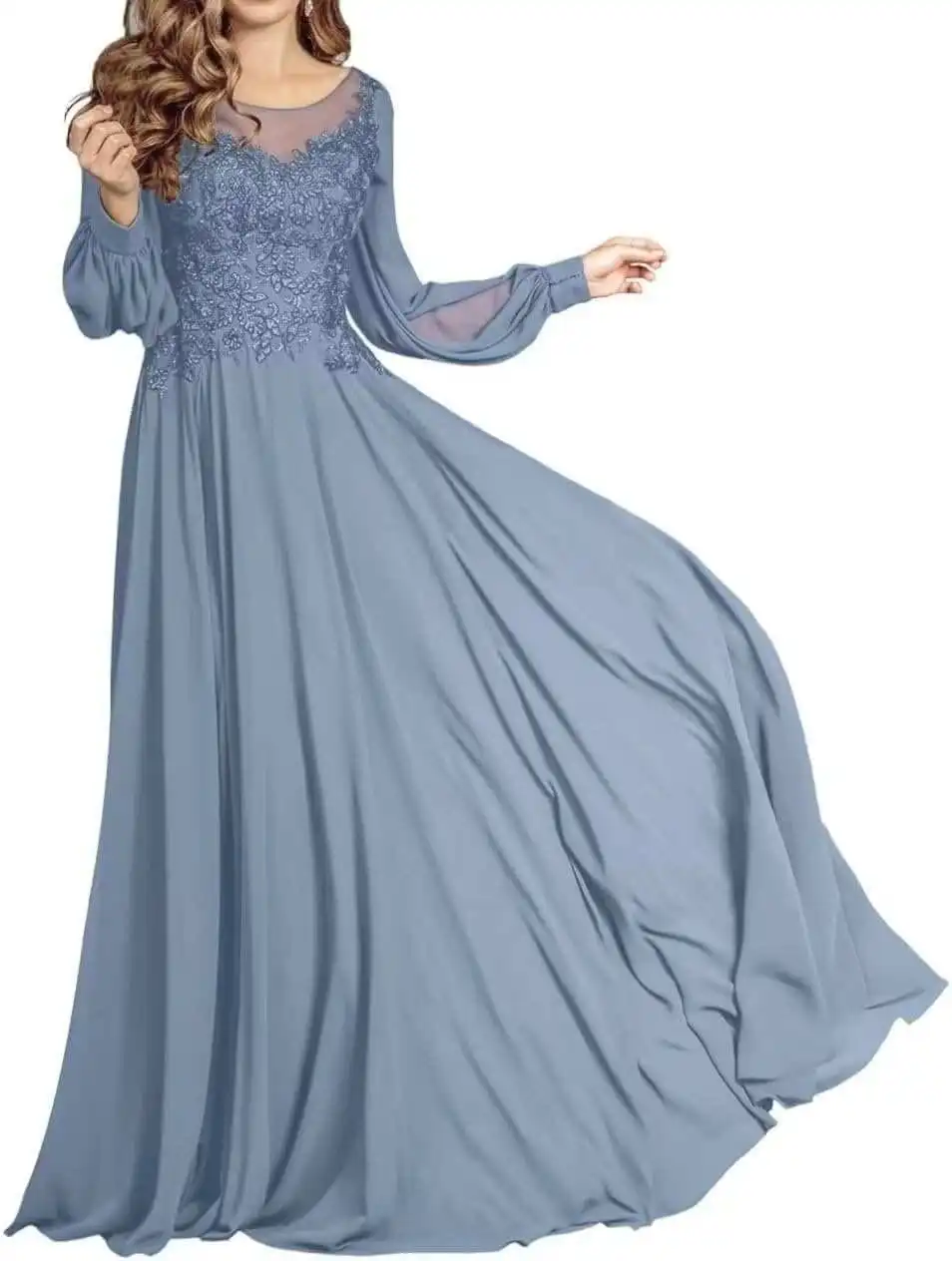 High-end Banquet Mother Dresses Chiffon Round Neck Long Sleeve Long Gowns for Wedding Banquet Birthday Party Cocktail Party