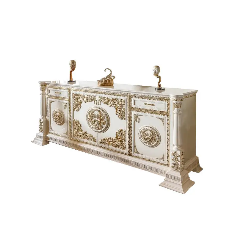 

European solid wood entrance cabinet French solid wood carving flower white storage cabinet villa study side cabinet furniture