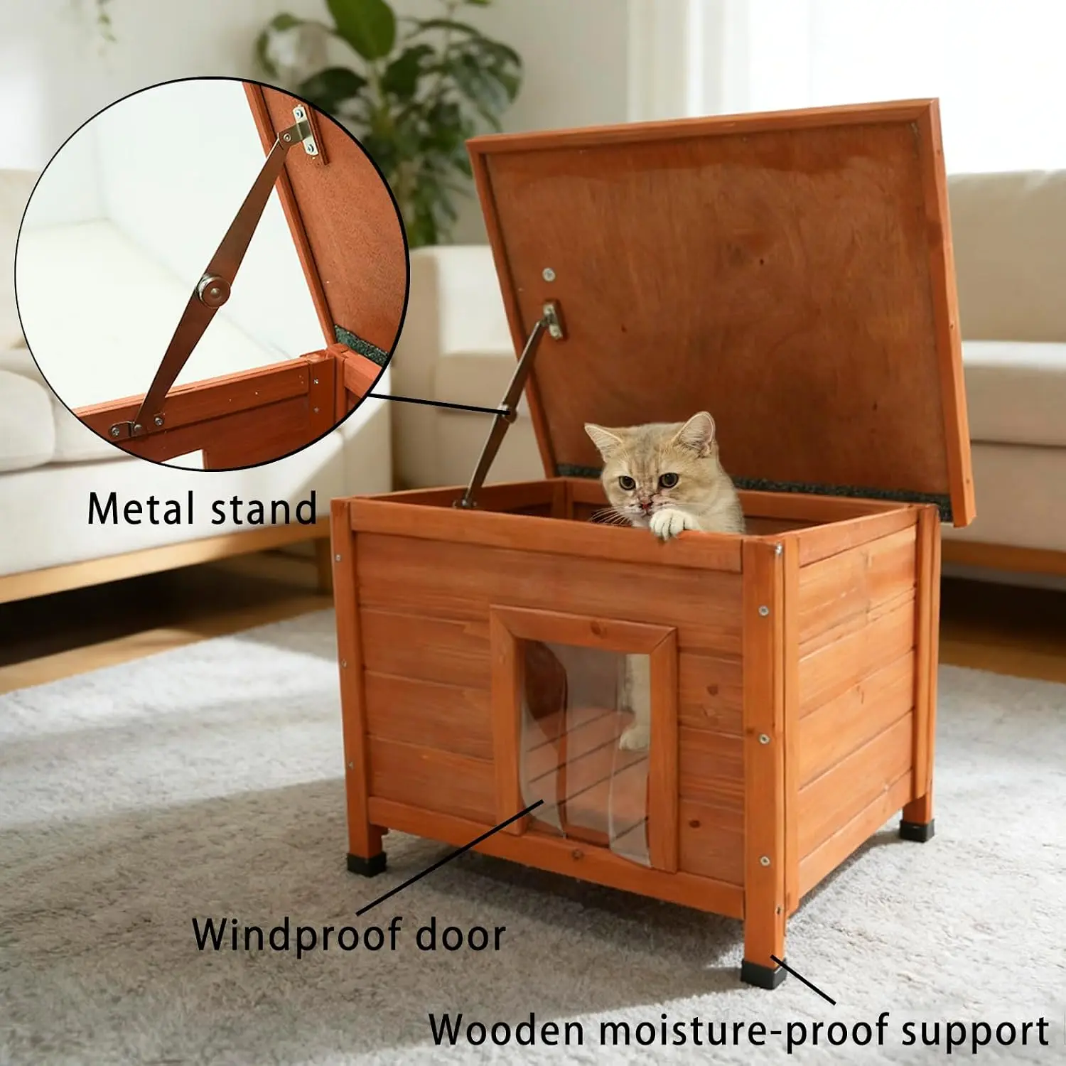 Solid Wood Cat House Small Dog House, Indoor Outdoor Weatherproof Pet Hutch with Windproof PVC Door Curtain, Non-Slip Foot Pads, Removable Base, Asphalt Roof, Warm Shelter for Kittens Mini Dogs