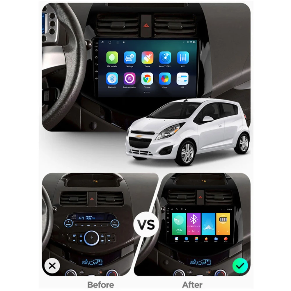 JIUYIN 9 Inch Multimedia Player For Chevrolet Spark 2009-2016 Car Radio Stereo Android Auto Apple Wireless Carplay with Frame 4G