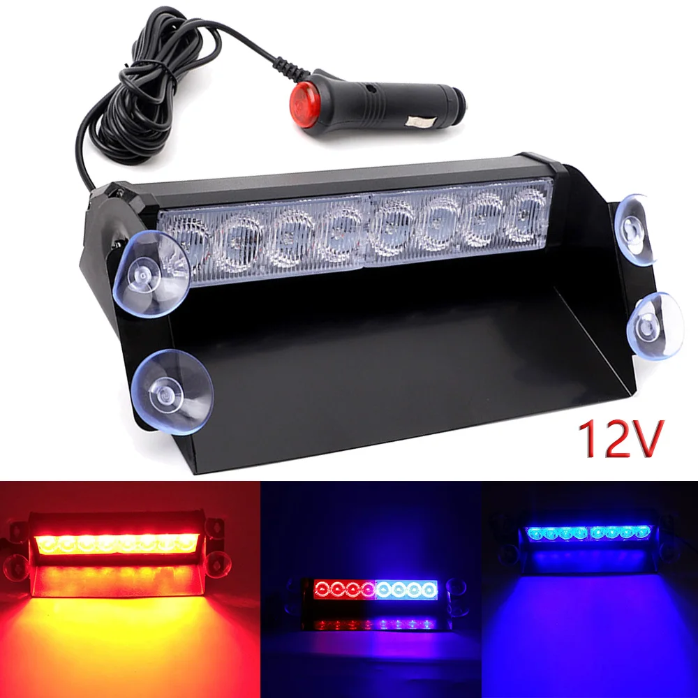 12V 8LED Led Car Strobe Light Automotive Emergency Light Red Blue Flashing Warning Lamp Police Stroboscopes with Suction Cup