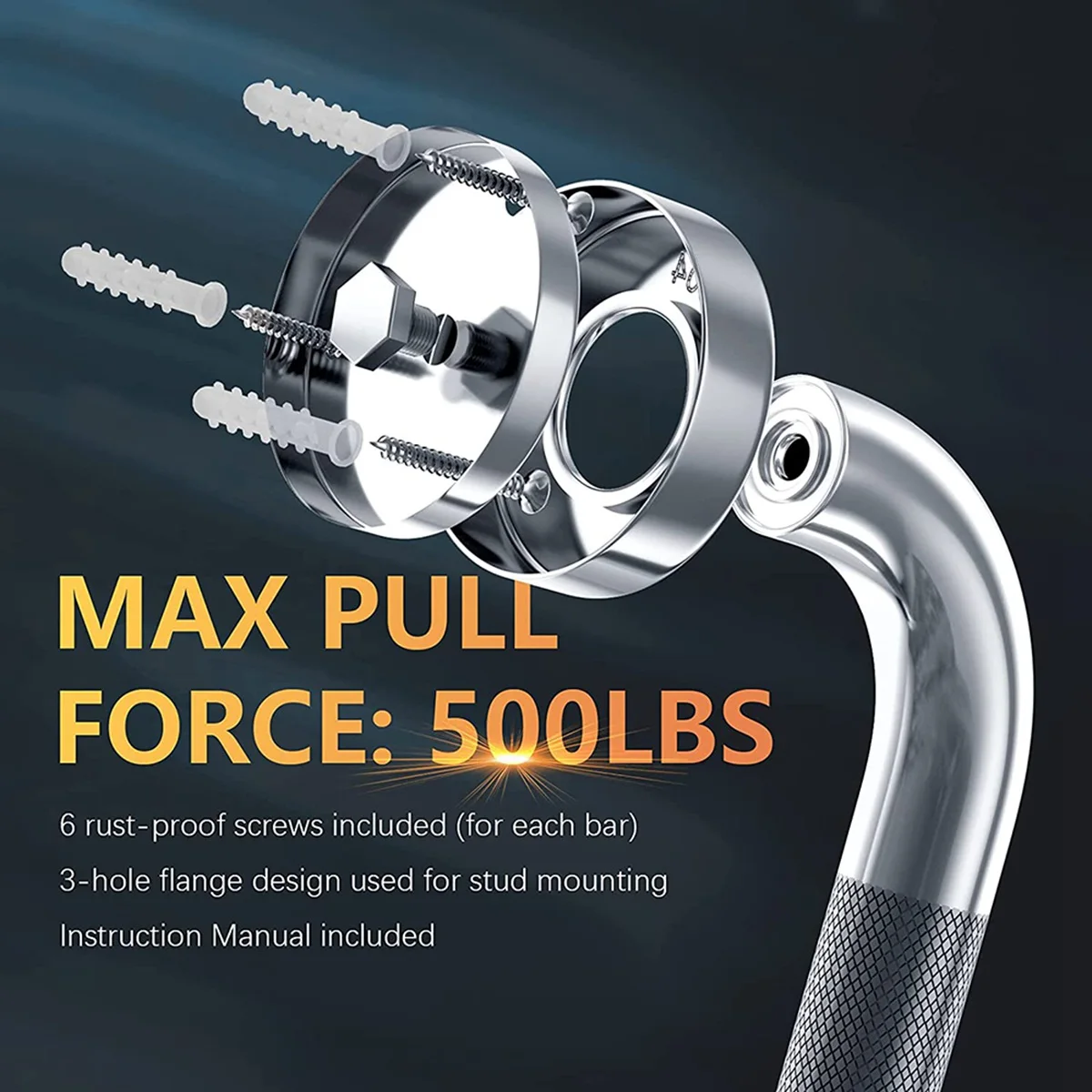 滑り止めシャワーグラブバー、テクスチャードハンドル付き、クロームメッキ、ステンレススチール、バスルーム、12インチ