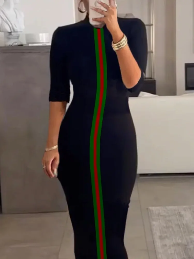 Freeacy 2025 여성용 대비 색 스트라이프 Bodycon 복장 라운드 넥 하프 슬리브 슬림 이브닝 드레스 웨딩 게스트 가운