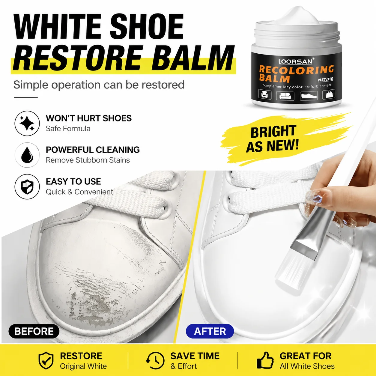 New White Shoe Edge Restorer 35g - Professional Shoe Repair Cream for Sneakers, Boots, Leather, Easy Apply Color Fix