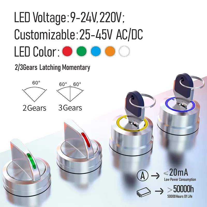 LANBOO 22mm Key Switch/Selector Switch with Self-Locking Function, 1NO/2NO, Screw Terminal Wiring, with LED