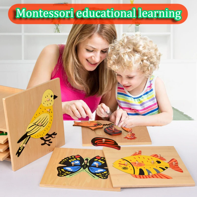 Montessori Puzzles Parish Learning Teaching Aids Animals/Insects Cognitive Wooden Panel Puzzles Early Educational Toys For Kids