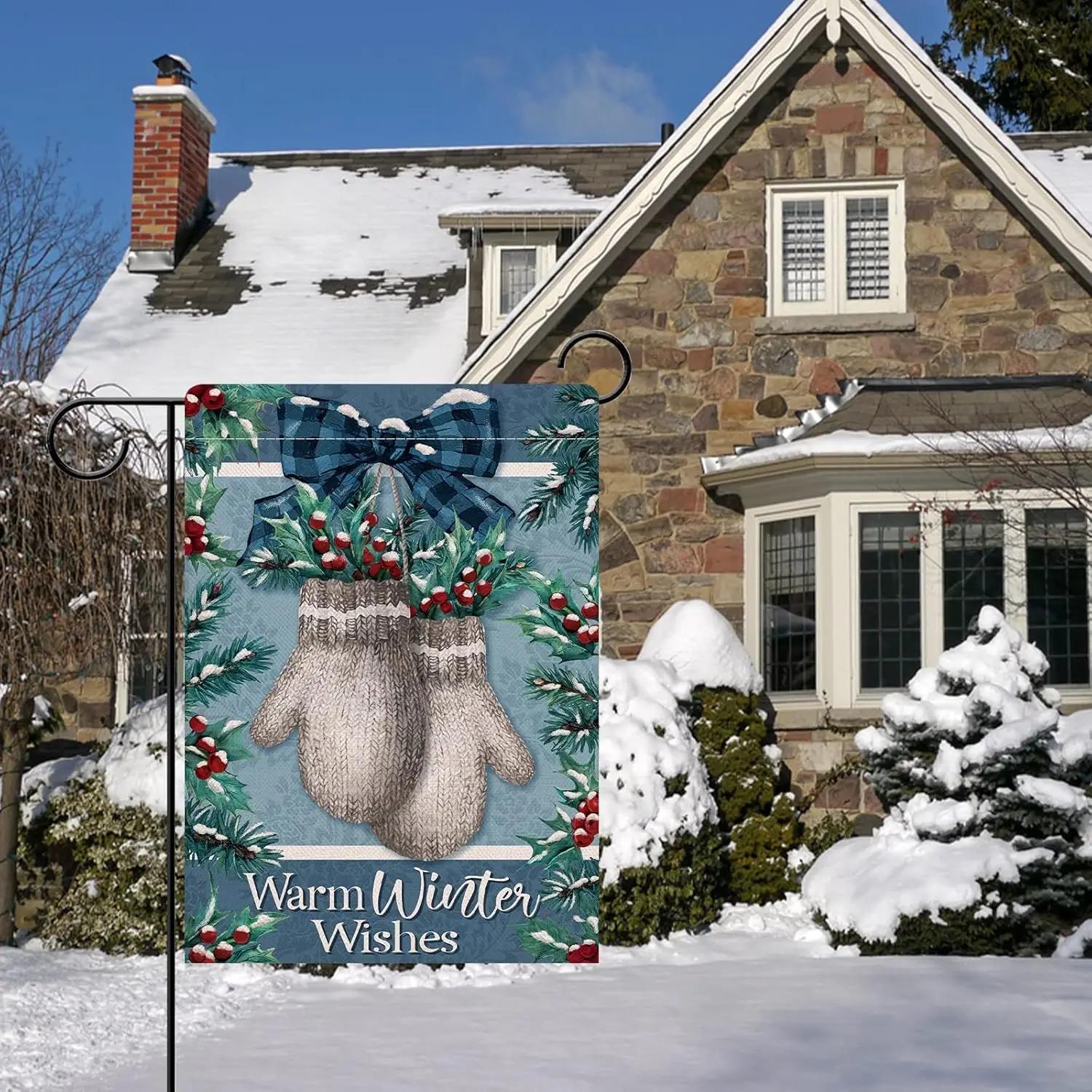 Dyrenson Warm Winter Wishes Gloves Decorative Garden Flag, Mitten Red Berries Farmhouse Yard Outside Decorations, Christmas  yyi
